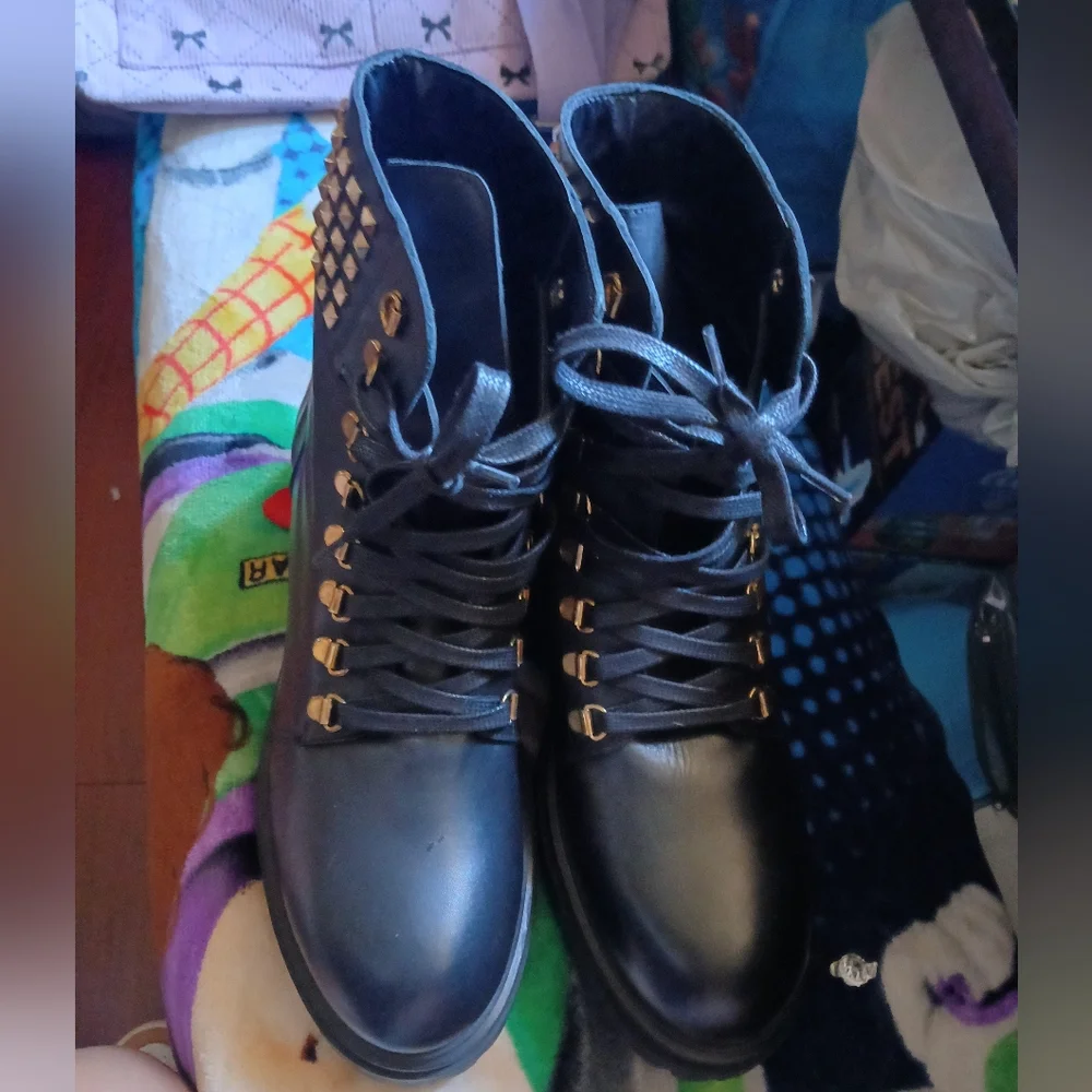 Studded Black Lace-Up Combat Boots - Picture 3 of 4